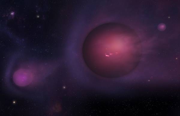 Artwork of a brown dwarf "star" with a system of planets in orbit. A brown dwarf is an object which began to accumulate material like a star but which never collected enough for hydrogen nuclear reactions to begin in its core. Nevertheless, brown dwarf cores are hot enough that a special form (or isotope) of hydrogen, called deuterium, is able to undergo fusion reactions, leading to the synthesis of an isotope of helium called helium-3. And the more massive brown dwarfs are able to produce ordinary helium through the consumption of another element, lithium. Brown dwarfs are difficult to detect because they emit no little and, in many cases, no real light of their own, and probably appear more like a large, magenta version of a gas giant.