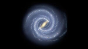 Questa dettagliata rappresentazione artistica mostra la struttura della Via Lattea, inclusa la posizione delle braccia spiraliformi e altri componenti come il rigonfiamento. Questa versione dell'immagine è stata aggiornata per includere la mappatura più recente della forma del rigonfiamento centrale dedotta dai dati del survey del telescopio VISTA dell'ESO presso l'Osservatorio di Paranal.