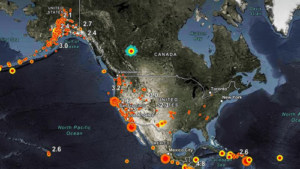 Una mappa dei terremoti dell'America del Nord.