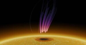 Rappresentazione grafica di emissioni radio prolungate sopra una macchia solare