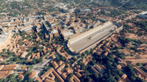 Vista aerea dell'antica Roma nel 320 d.C. che mostra il Circo Massimo, il Pantheon, il Foro Romano, i fori imperiali e il Colosseo.