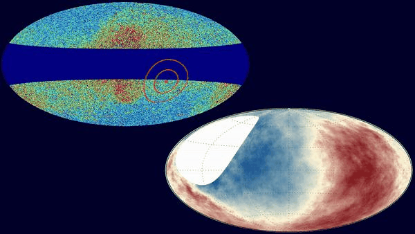 Top: An all-sky map of extragalactic gamma rays in which the central plane of our galaxy, shown in dark blue where data has been removed, runs across the middle. The red dot and circles indicate the approximate direction from which more gamma rays than average seem to be arriving. Bottom: A similar all-sky map showing the distribution of ultrahigh-energy cosmic rays detected by the Pierre Auger Observatory in Argentina. Red indicates directions from which greater than average numbers of particles arrive, blue indicates directions with fewer than average. This video