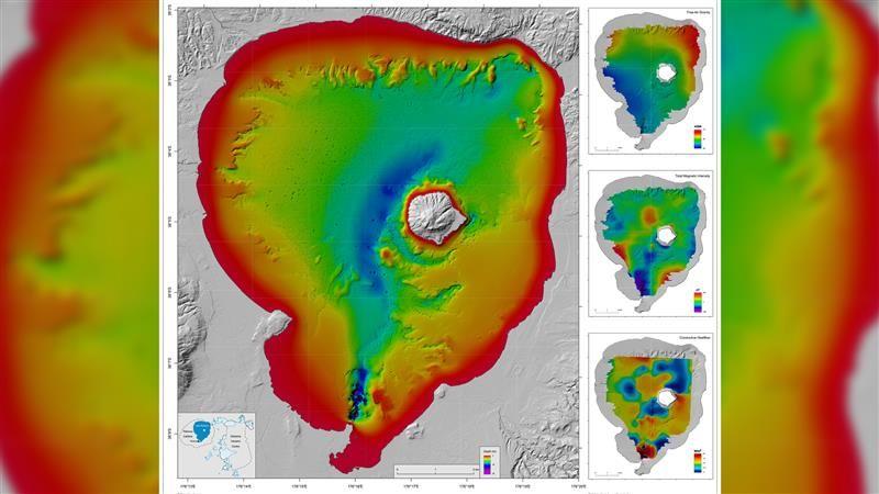 Un poster che mostra tre mappe del Lago Rotorua in una colonna a lato di una grande mappa. La grande mappa mostra una vista dettagliata della batimetria del fondo del lago con un bordo rosso brillante e colori che sfumano gradualmente in giallo, verde e poi blu man mano che il cratere diventa più profondo. C'è una massa bianca vicino al centro dove si trova l'isola di Makoia.