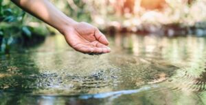 mano che tocca l'acqua in uno stagno