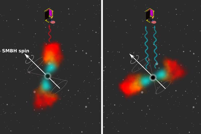 L'immagine mostra un buco nero che afferra detriti da una stella in transito. Nuvole blu e rosse sono intorno al buco nero. Le frecce rappresentano la rotazione del buco nero supermassiccio.