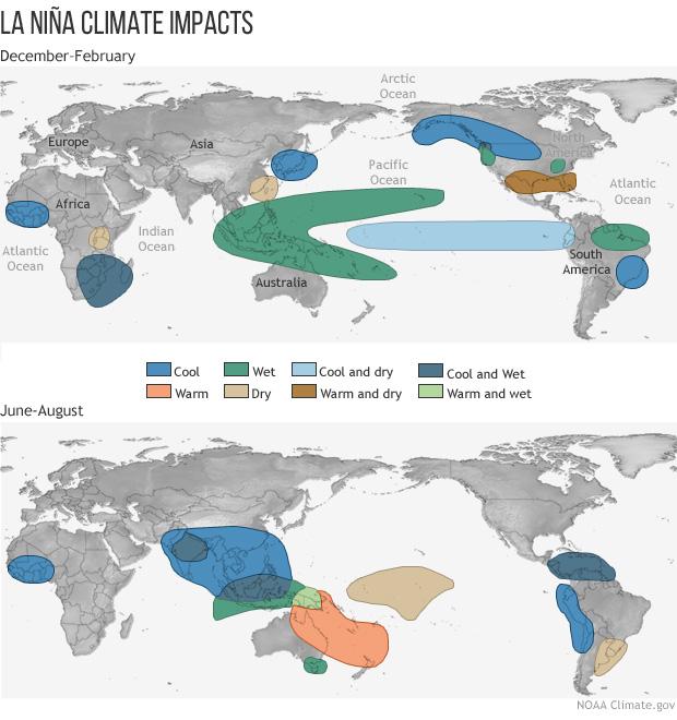 Mappa che mostra come la fase La Niña influisce sul meteo e sul clima del mondo in modo diverso.