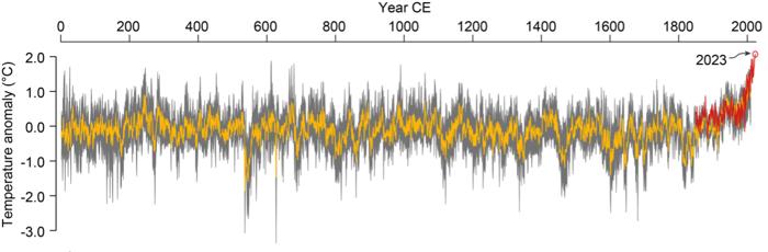 Temperature estive terrestri strumentali (rosse) mostrate insieme alla media della ricostruzione degli anelli degli alberi (gialla) e all'intervallo di incertezza al 95% derivato dalla varianza tra i membri degli anelli degli alberi (grigio). Le ricostruzioni degli anelli degli alberi sono state scalate dal 1901 al 2010 CE rispetto alle osservazioni e espresse come anomalie rispetto alla media del 1850-1900 CE.