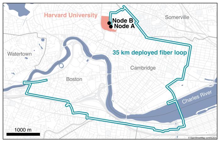Mappa che mostra il cavo in fibra ottica che si sposta da Harvard a una posizione vicino a Watertown e poi torna a Harvard