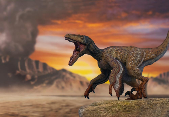 un velociraptor piumato di fronte a un vulcano