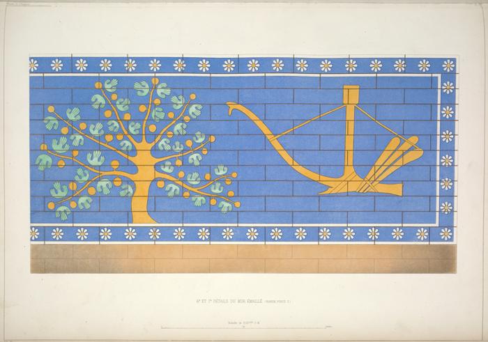 Un disegno dell'albero di fico e dell'aratro registrato nel XIX secolo. Il corpo dell'albero e l'aratro stesso sono gialli e sono stati dipinti su un muro di mattoni blu. L'albero ha rigonfiamenti gialli lungo i rami che potrebbero rappresentare frutti, oltre a foglie verdi a forma di funghi divisi lungo i rami. 