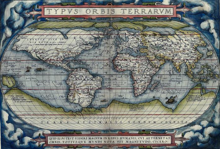 mappa del 1570 di Abraham Ortelius raffigurante Terra Australis Nondum Cognita (La terra meridionale ancora sconosciuta) come un grande continente in fondo alla mappa