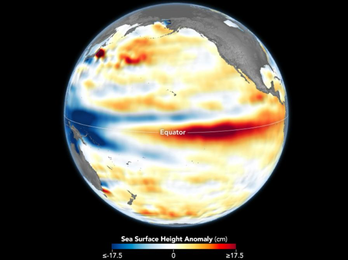 L'acqua era più calda del solito intorno al Pacifico Equatoriale il 4 dicembre 2023, vicino al picco di El Niño.