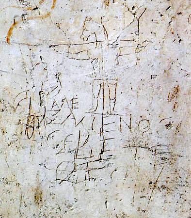 A low-res image of the original Alexamenos graffito, the Earliest Depiction Of Jesus from Ancient ROman