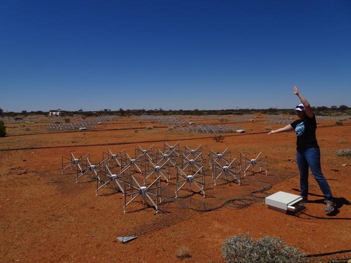 Le antenne sembrano ragni di metallo a terra. Ce ne sono molti in gruppi di 16 sul terreno di colore ruggine