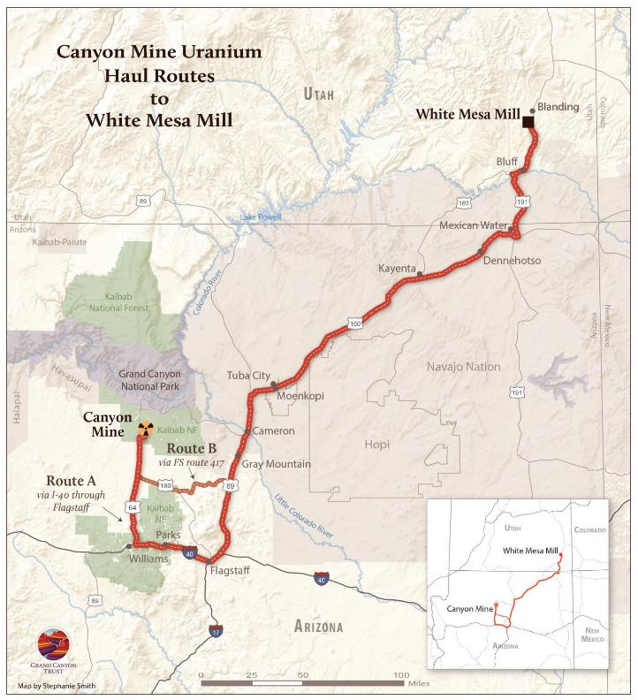 Una mappa che mostra il percorso tra la miniera di Pinyon Plain in Arizona e il mulino di White Mesa nel sud dello Utah.