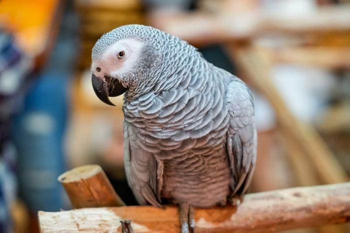 Un pappagallo grigio africano si siede su un ramo artificiale con un'espressione facciale furba e birichina.