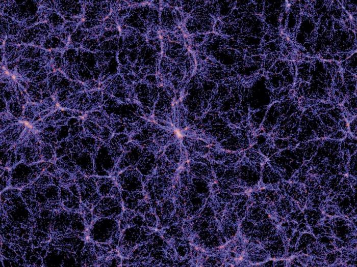 I filamenti viola si connettono in 3D a molti punti di luce come la schiuma delle bolle su uno sfondo scuro