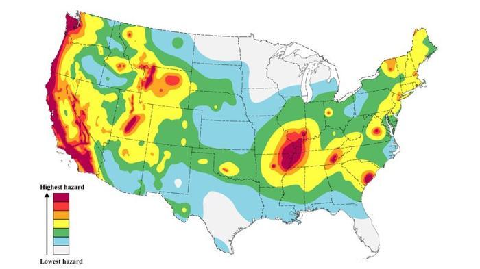 Una mappa del rischio sismico realizzata dal Progetto Modello Nazionale di Pericolosità Sismica dell'USGS