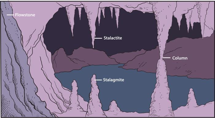 Un grafico rosa e viola che mostra stalattiti, stalagmiti, colonne e travertino tutti etichettati