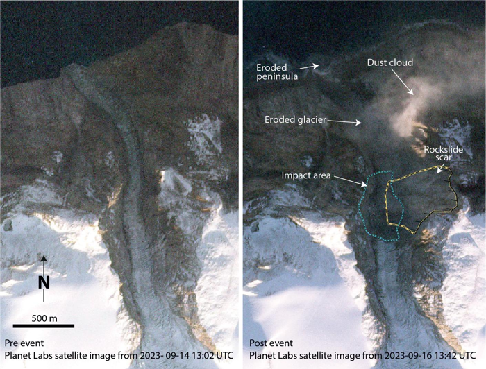 Immagini satellitari dell'area da cui è venuto il franamento, compresa la polvere sollevata dall'evento, scattate 30 minuti prima e 7 minuti dopo.