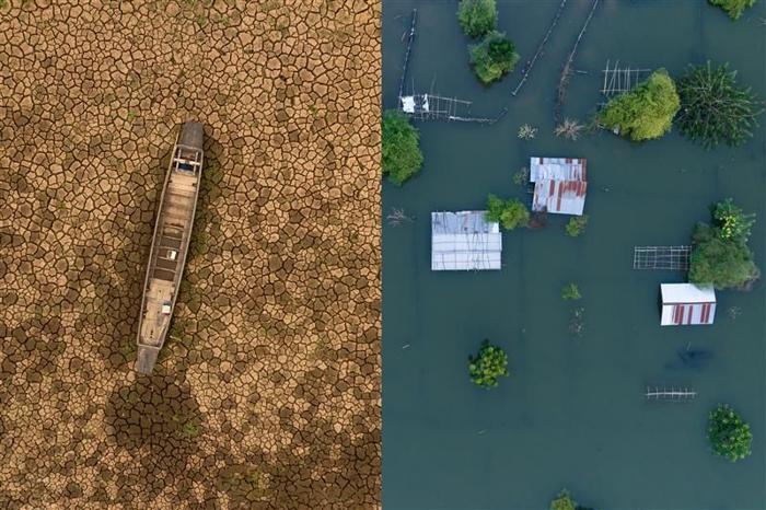 Due foto affiancate. La foto a sinistra mostra una foto aerea di un fiume prosciugato con una barca arenata al centro. Il terreno è screpolato e marrone. La foto a destra mostra un'altra vista aerea ma questa è di un insediamento allagato. I tetti metallici degli edifici appaiono sopra la superficie dell'acqua insieme a quelli degli alberi circostanti.