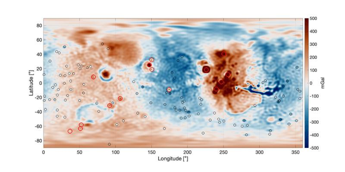 La gravità su Marte varia significativamente. L'area rossa è un'area ad alta gravità intorno alla Provincia di Tharsis, circondata da una regione a bassa gravità inaspettata che ha bisogno di spiegazioni.