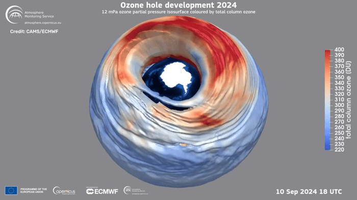 Rappresentazione in 3D del buco dell'ozono il 10 settembre 2024