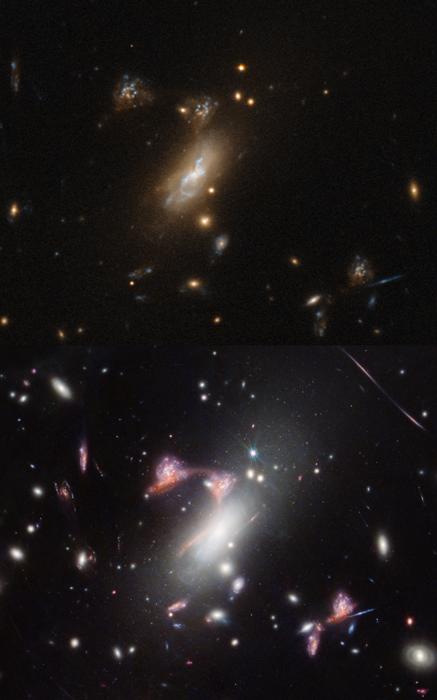 L'immagine di Hubble mostra significativamente meno dettagli e si riesce a malapena a vedere la galassia di fusione rossa rispetto alla versione JWST