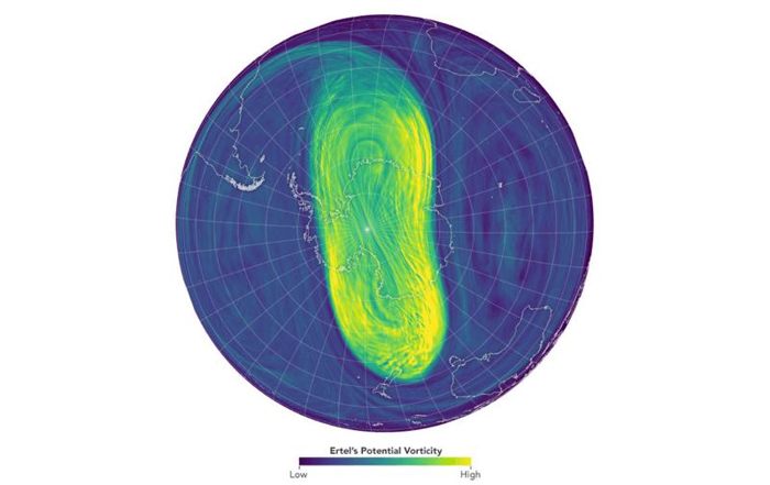 Modello NASA della vorticità potenziale nella stratosfera sopra l'Antartide il 5 agosto 2024.