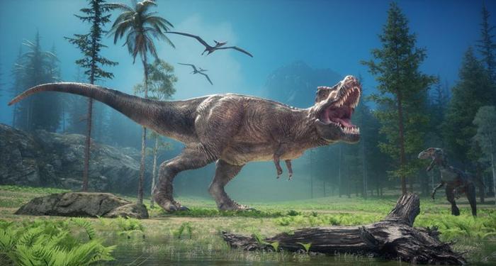 Un rendering 3D di un T.rex che ruggisce in una foresta che sembra calda e umida