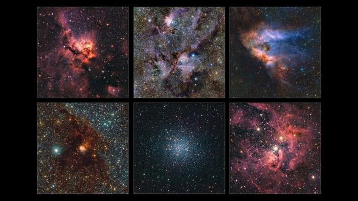 Qui vediamo, da sinistra a destra e dall'alto in basso: NGC 3576, NGC 6357, Messier 17, NGC 6188, Messier 22 e NGC 3603. Tutti sono nubi di gas e polvere dove si stanno formando stelle, tranne Messier 22, che è un gruppo molto denso di stelle vecchie. Gli altri sono nubi sottili di gas con stelle luminose incastonate tra di loro.