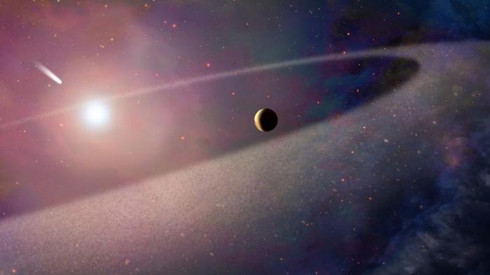 Rappresentazione artistica che mostra una nana bianca, una cometa che vi cade dentro, un pianeta e una fascia di asteroidi