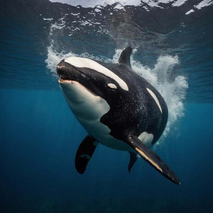 un'orca da vicino che mostra dimensioni enormi e denti