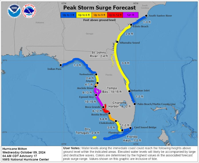 Un grafico che mostra dove è previsto che il picco di marea dell'uragano Milton colpisca la Florida, pubblicato la mattina di mercoledì 9 ottobre 2024