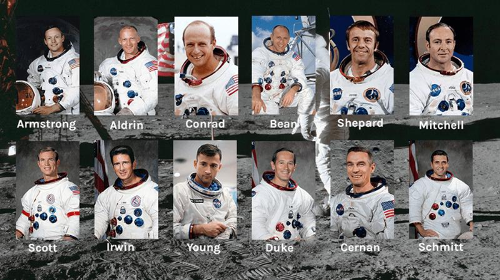 12 ritratto degli astronauti sono mostrati su una foto di buzz aldrin sulla luna