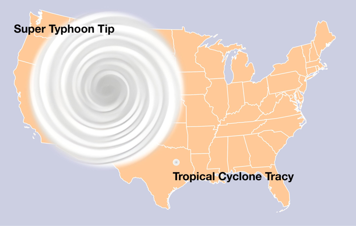 Un'illustrazione delle dimensioni estreme dei cicloni tropicali: Tifone Tip (1979) e Ciclone Tracy (1974)