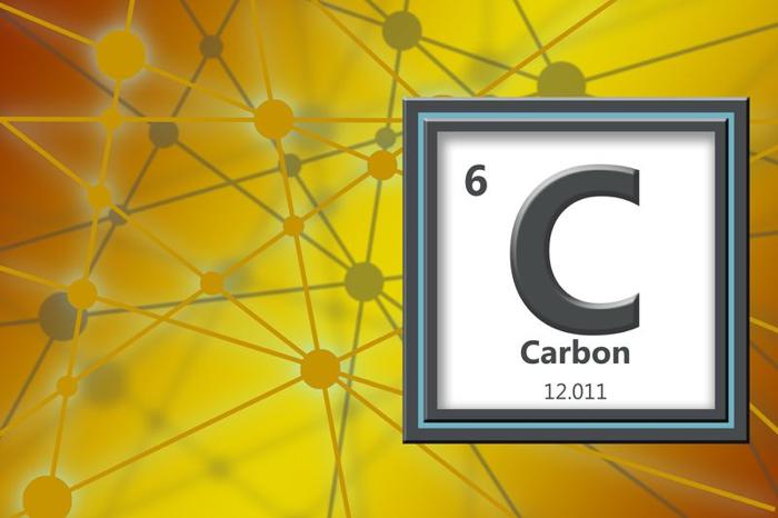 Numero atomico e massa atomica del carbonio su un quadrato bianco, lo sfondo è un insieme di ammassi gialli e grigi interconnessi