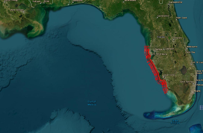 Screenshot del portale USGS Coastal Changes Hazards, che mostra il cambiamento costiero previsto lungo la costa occidentale della Florida il 7/10/2024