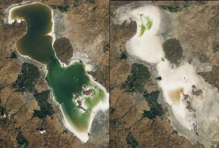 Lago Urmia il 6 settembre 2020 (sinistra) e il 7 settembre 2023 (destra). L'immagine successiva mostra solo sale secco anziché acqua.