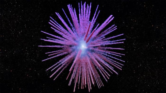 Sono visibili striature sfocate che si estendono verso l'esterno da un guscio sferico, come frammenti che esplodono via da un'esplosione in questa ricostruzione.