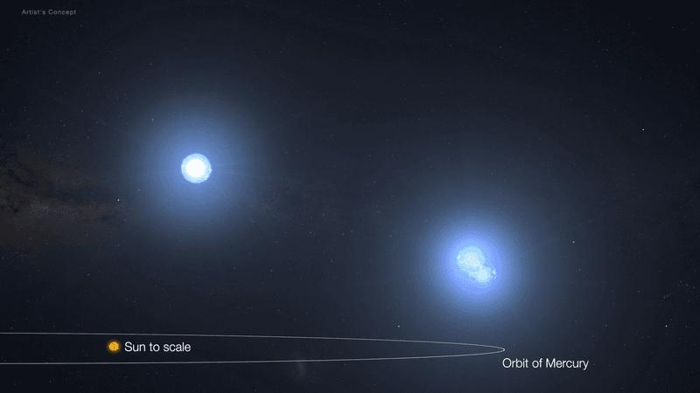 Un confronto delle distanze delle stelle nel sistema TIC 290061484 con il Sole e l'orbita di Mercurio su scala.