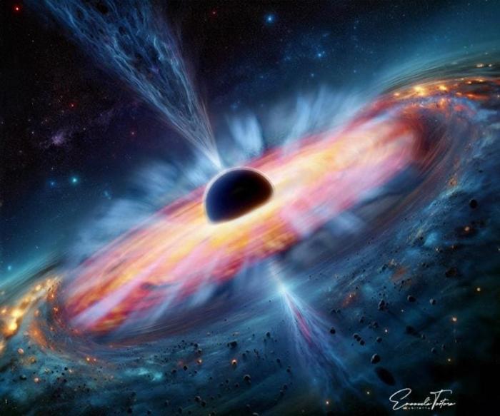 Illustrazione di un buco nero supermassiccio in accrescimento