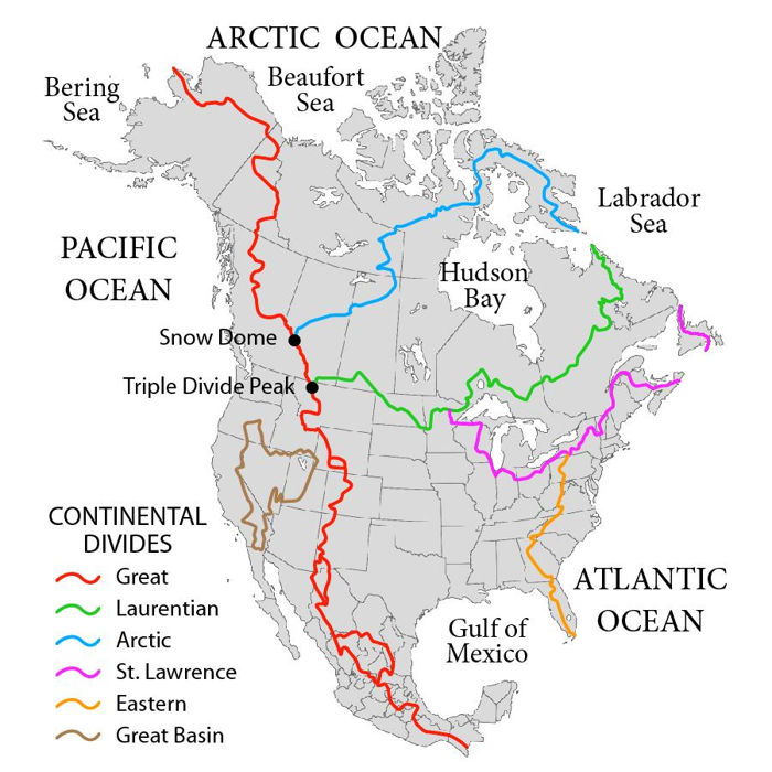 La Grande Divisione Continentale in Nord America in rosso, così come le altre divisioni di drenaggio del continente.