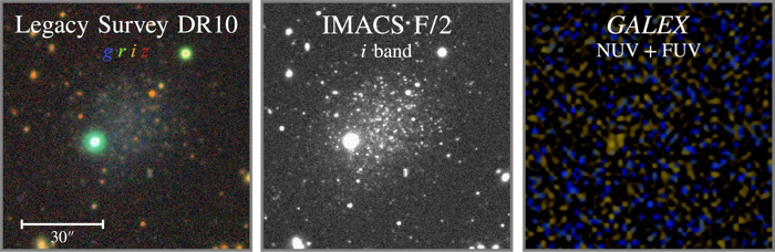 Il Riccio (dw1322m2053) visto a lunghezze d'onda ottiche e nel vicino infrarosso (immagini a sinistra e al centro) ma non c'è altro che stelle di fondo nell'ultravioletto (immagine a destra)