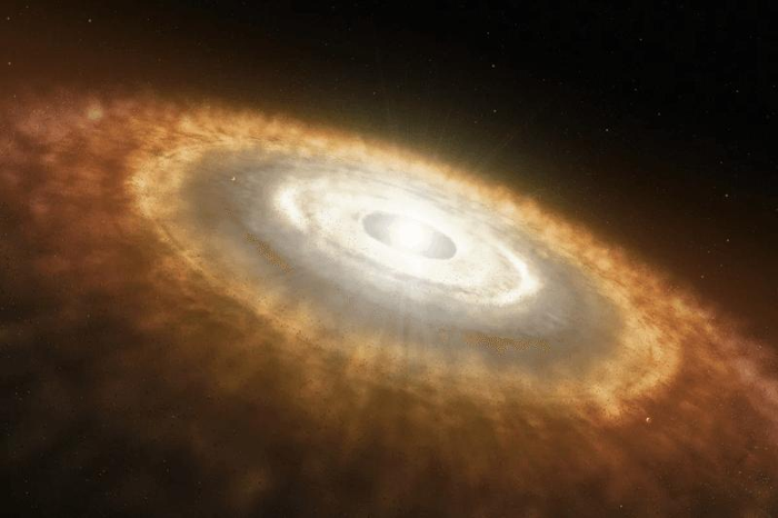 Rappresentazione artistica di una giovane stella circondata da un disco protoplanetario. Quando la fusione nucleare si è accesa per la prima volta nel nucleo centrale del nostro Sole, il nostro Sistema Solare potrebbe aver assunto un aspetto molto simile a questo.