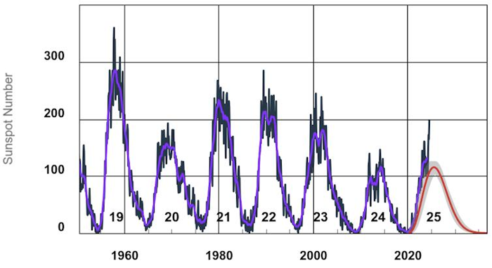 un grafico che mostra il numero di macchie solari nel tempo