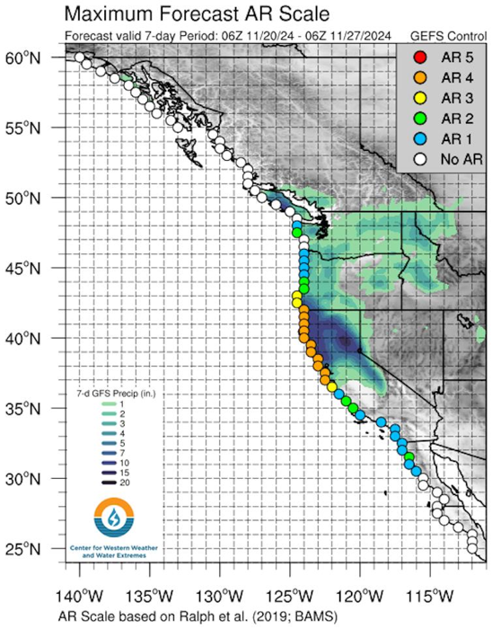 La mappa mostra la previsione della tempesta più forte dalla Baia di Monterey, California, al sud dell'Oregon, ma pioggia probabile in qualche momento durante la settimana lungo tutta la costa.