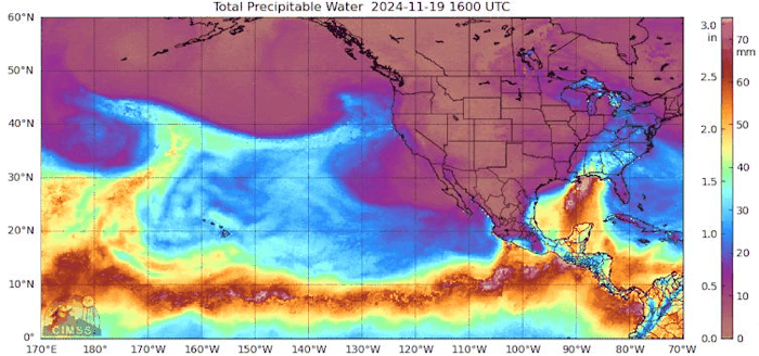 Un'animazione mostra un flusso di vapore acqueo e come viene spinto verso la costa dal ciclone bomba che si trova al largo del Nordovest del Pacifico.