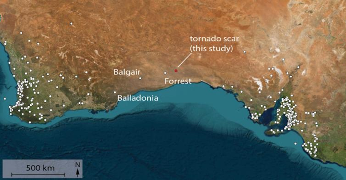 mappa della costa sud-occidentale dell'Australia con punti che mostrano i tornado registrati