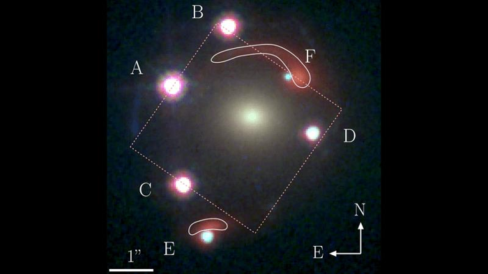 Al centro c'è una galassia sferica gialla. Intorno ci sono sei punti luminosi. Questi sono i quasar ingranditi. Intorno a due punti ci sono archi rossi, questa è l'immagine della prima galassia ingrandita dal secondo.